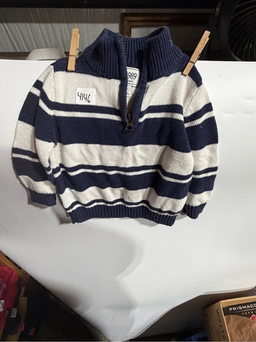 #4146-Place Navy and White Striped Half-Zip Sweater